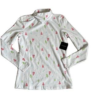 cynthia rowley turdle neck long sleeve winter shirt tree snow theme